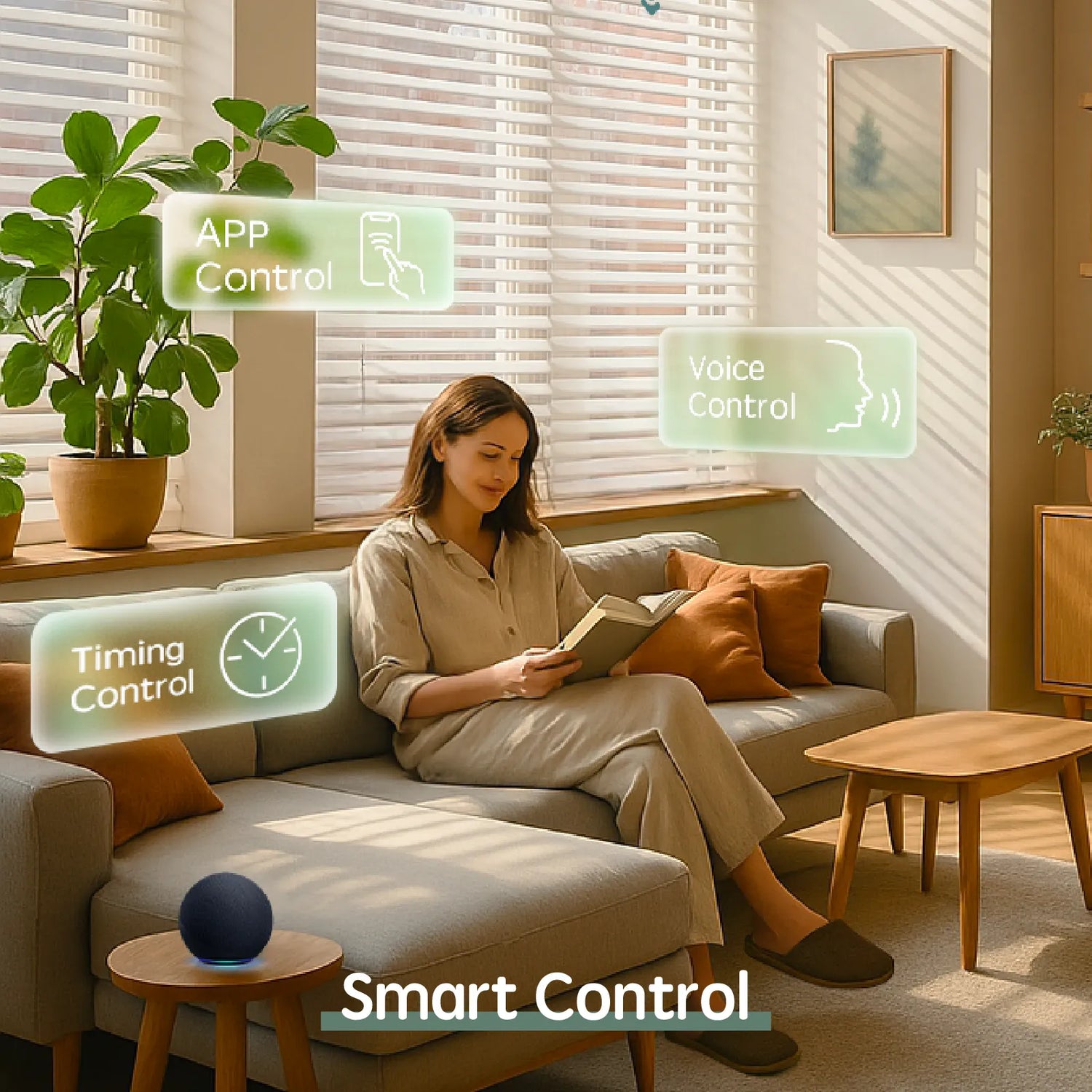 Motorized wooden blinds with voice control, app control, and timer functions