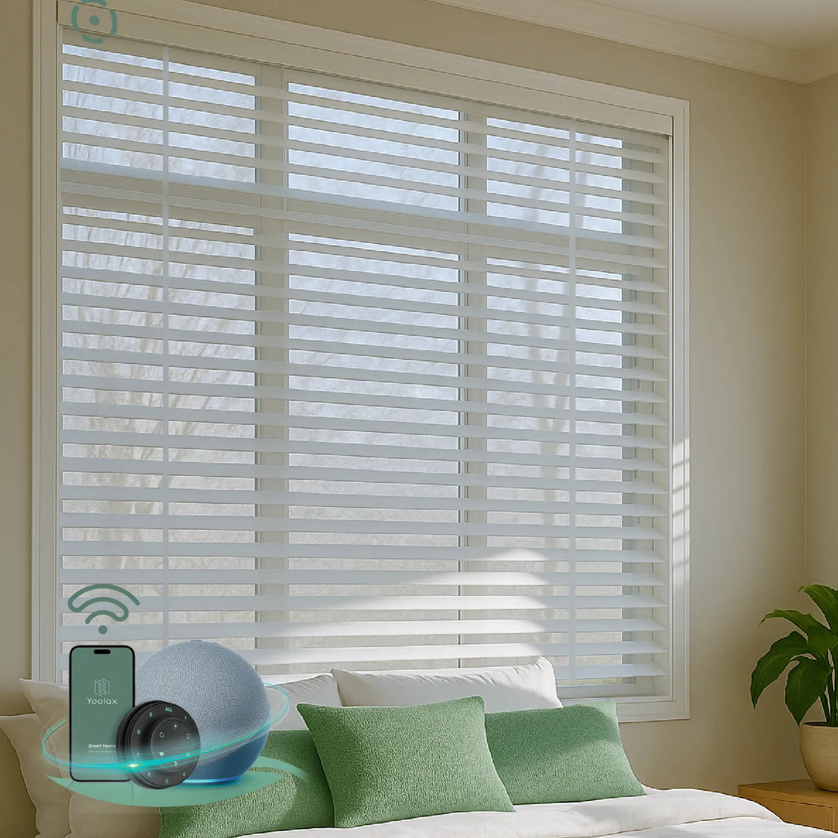 Smart wood blinds in a modern living room, compatible with remote control, smartphone, and smart home devices