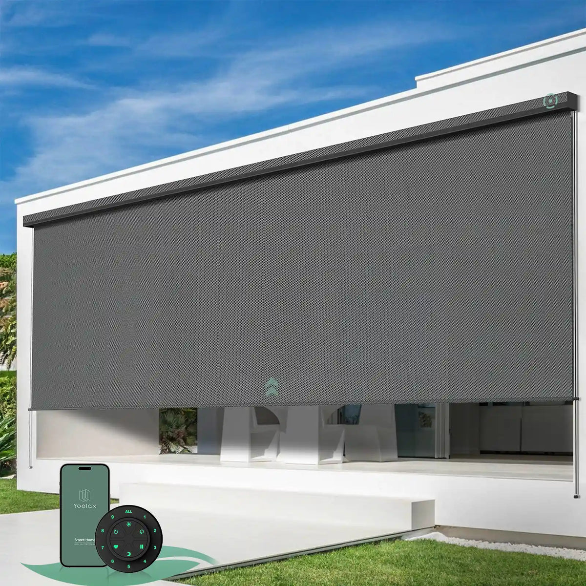 Yoolax motorized extra-wide outdoor shades with 1% openness grey fabric and seamless one-piece construction, ideal for patios, balconies, pergolas, living rooms, and porches.