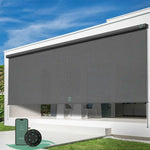 Yoolax motorized extra-wide outdoor shades with 1% openness grey fabric and seamless one-piece construction, ideal for patios, balconies, pergolas, living rooms, and porches.