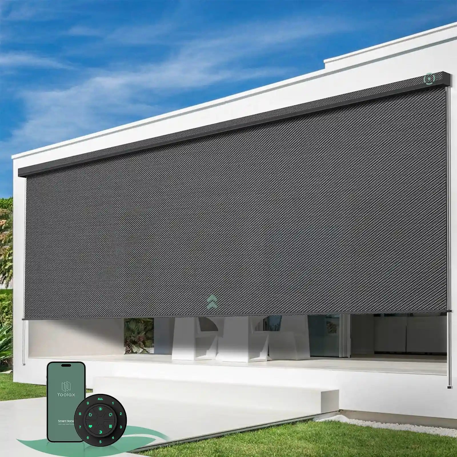 Yoolax motorized extra-wide outdoor shades with 1% openness wild dark grey fabric and seamless one-piece construction, ideal for patios, balconies, pergolas, living rooms, and porches.