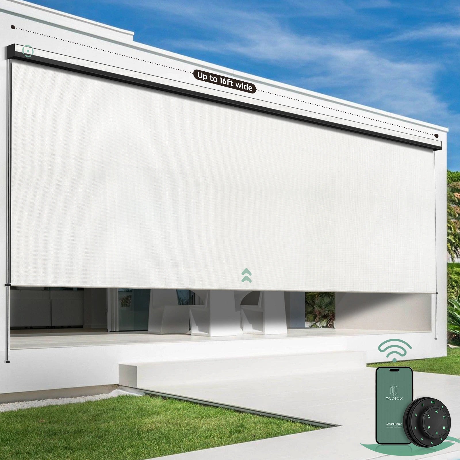 Yoolax motorized extra-wide outdoor shades with 10% openness white pebble path fabric and seamless one-piece construction, ideal for patios, balconies, pergolas, living rooms, and porches.