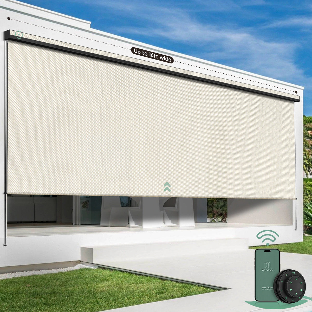 Yoolax motorized extra-wide outdoor shades with 3% openness beige fabric and seamless one-piece construction, ideal for patios, balconies, pergolas, living rooms, and porches.