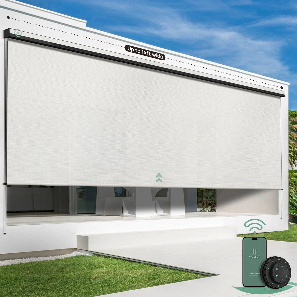 Yoolax motorized extra-wide outdoor shades with 5% openness white fabric and seamless one-piece construction, ideal for patios, balconies, pergolas, living rooms, and porches.