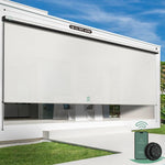Yoolax motorized extra-wide outdoor shades with 5% openness white fabric and seamless one-piece construction, ideal for patios, balconies, pergolas, living rooms, and porches.