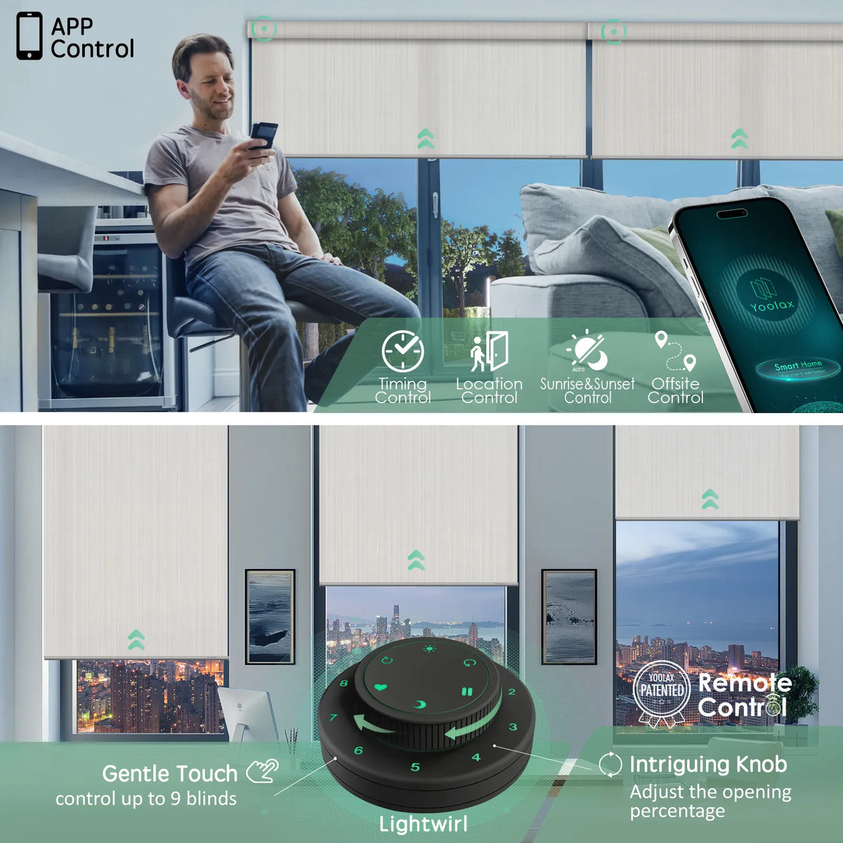 Control up to 16 solar roller shades simultaneously with remote or App