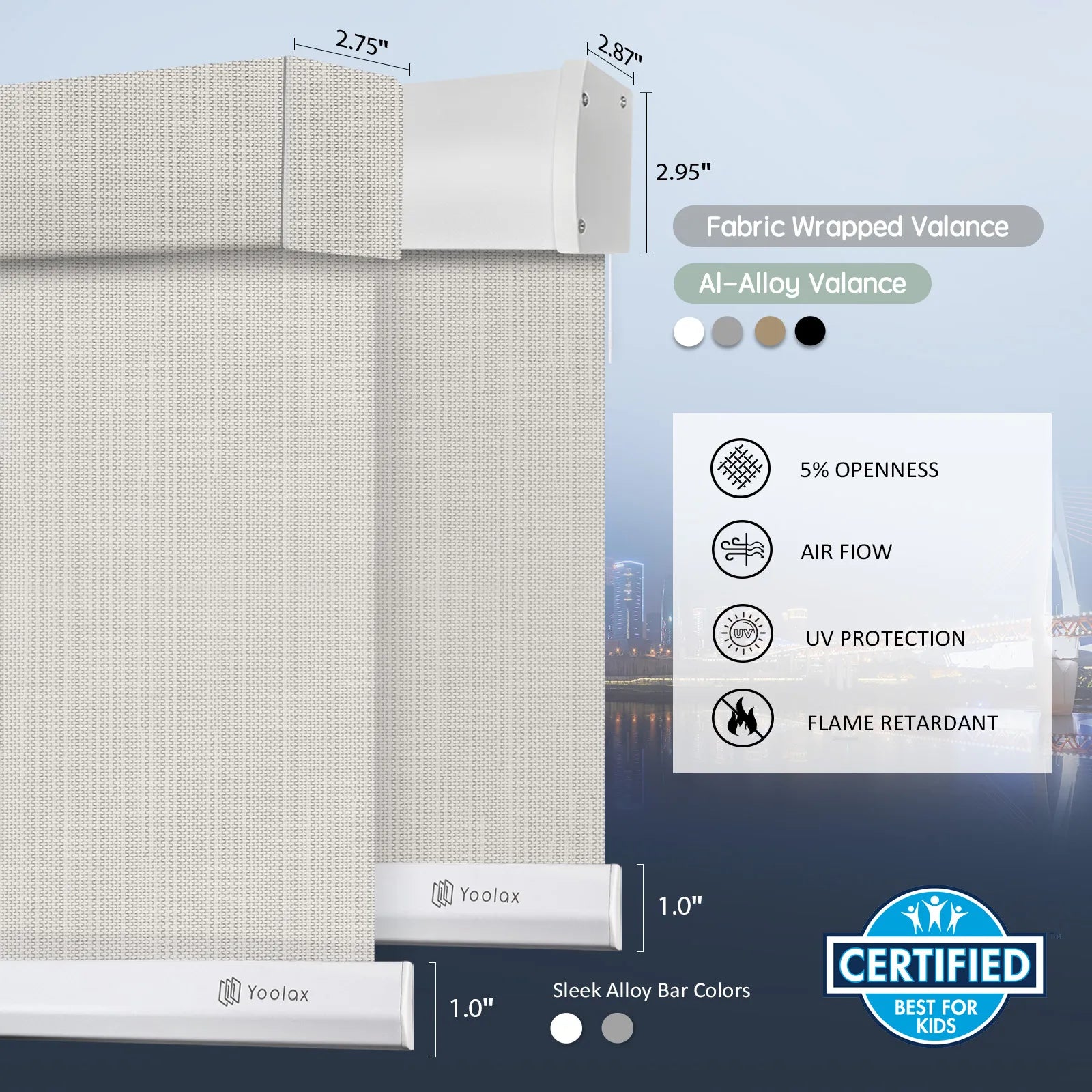 Yoolax motorized solar roller shades with two valance options: fabric-wrapped valance and aluminum alloy valance