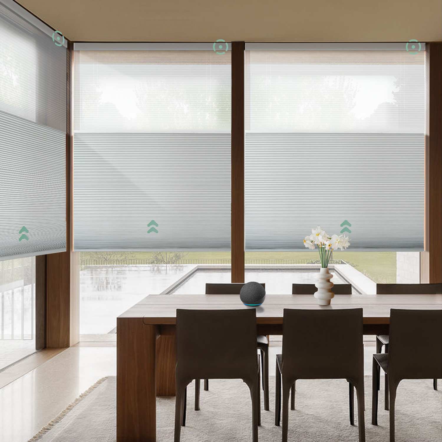 Yoolax mototized day night cellular shades with white fabric, offer flexible adjustment from full blackout to light filtering