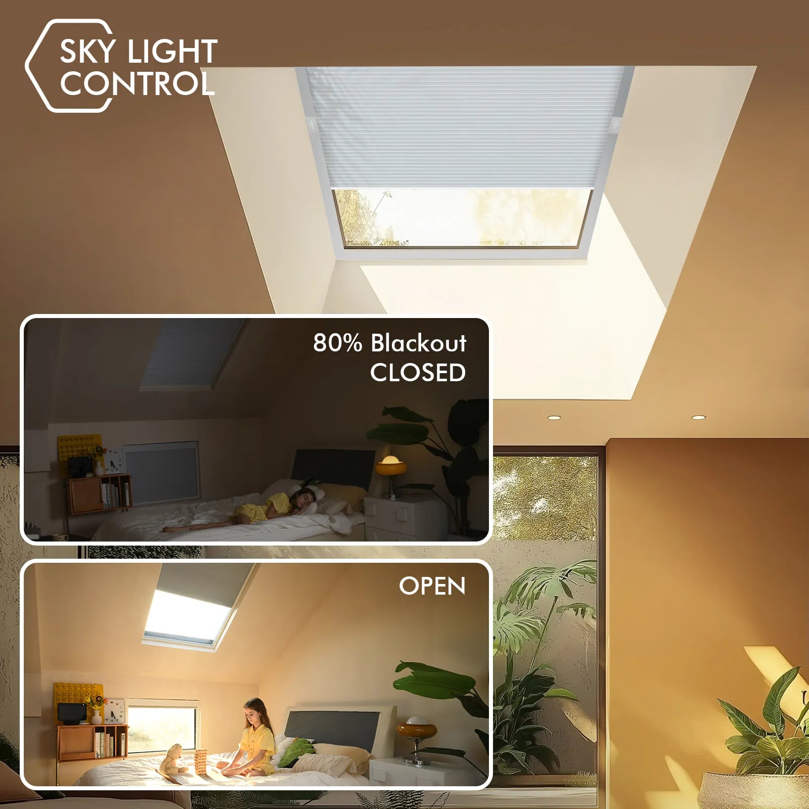 Smart skylight shades provide 80% blackout at night for restful sleep, and allow ample natural light during the day for a bright, inviting space.