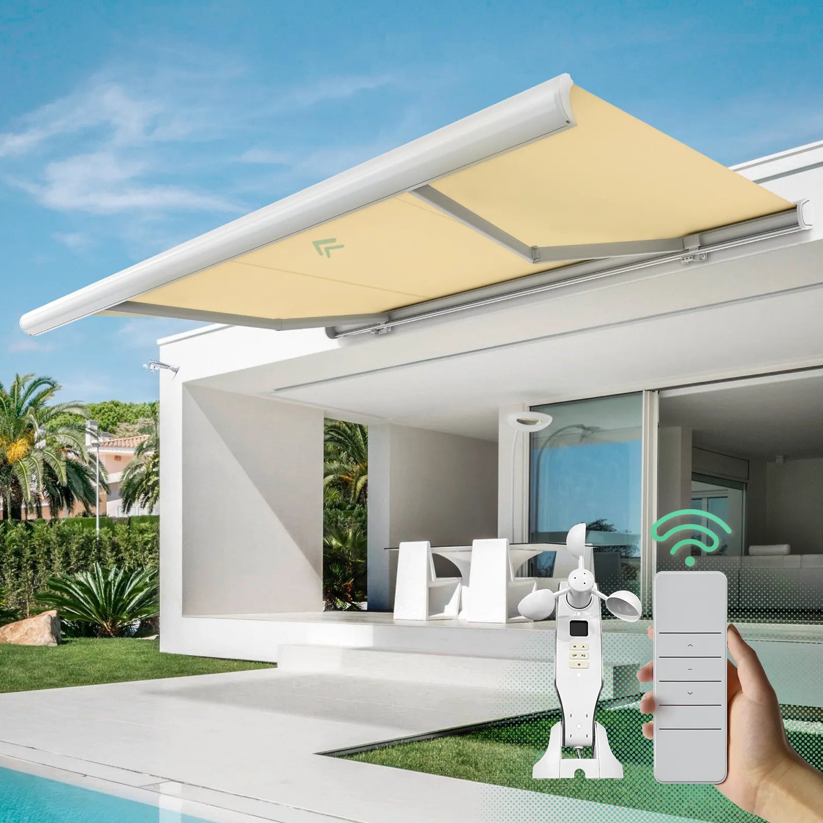 Beige motorized retractable awning is designed to provide shade and enhance comfort on patios, decks, and balconies.