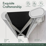 Exquisite craftsmanship of a black motorized retractable awning with flawless front bar, sturdy folding arms, anti-rust brackets, and 30 mph wind resistance.