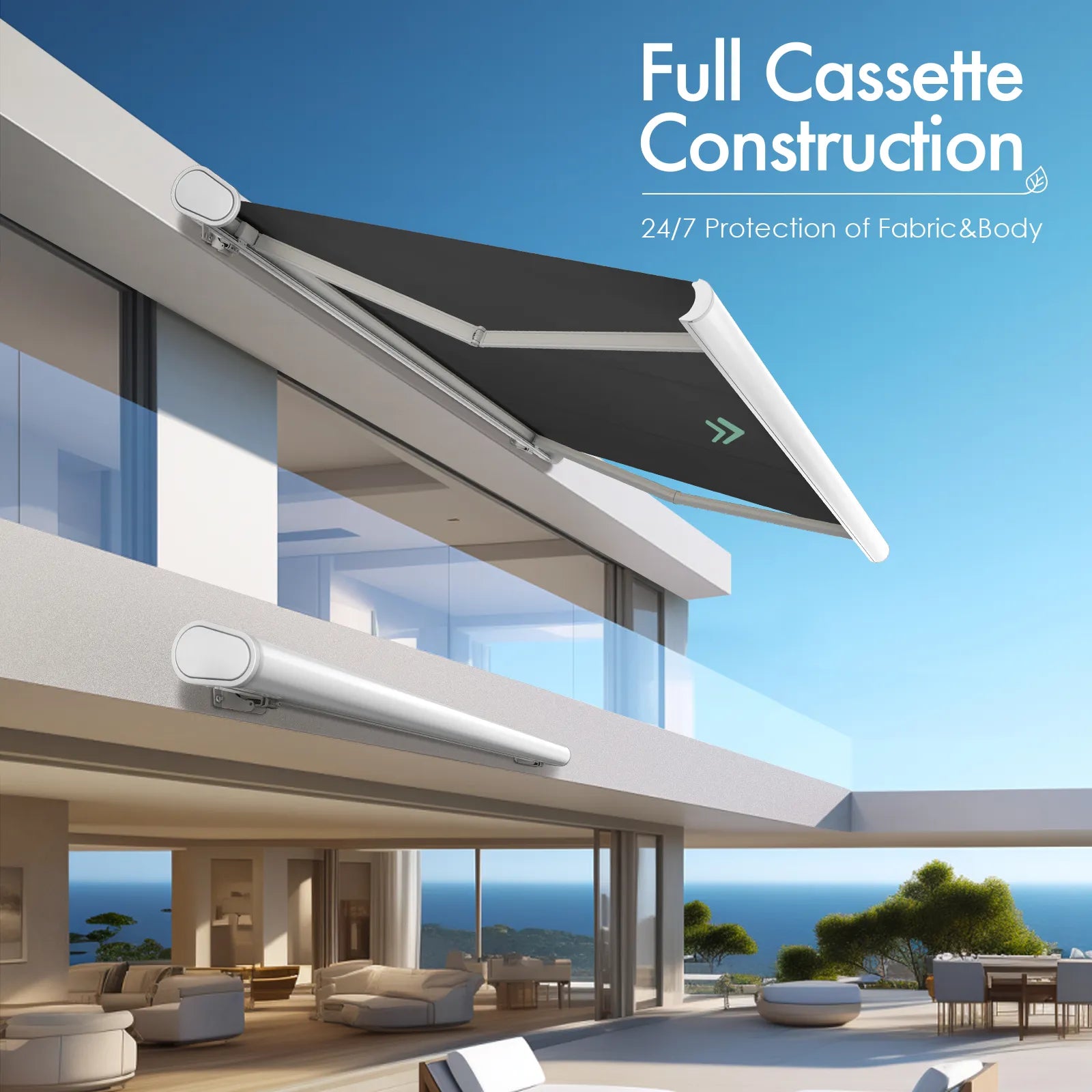 Black motorized retractable awning with full cassette design, keeping the fabric and frame well protected when retracted.