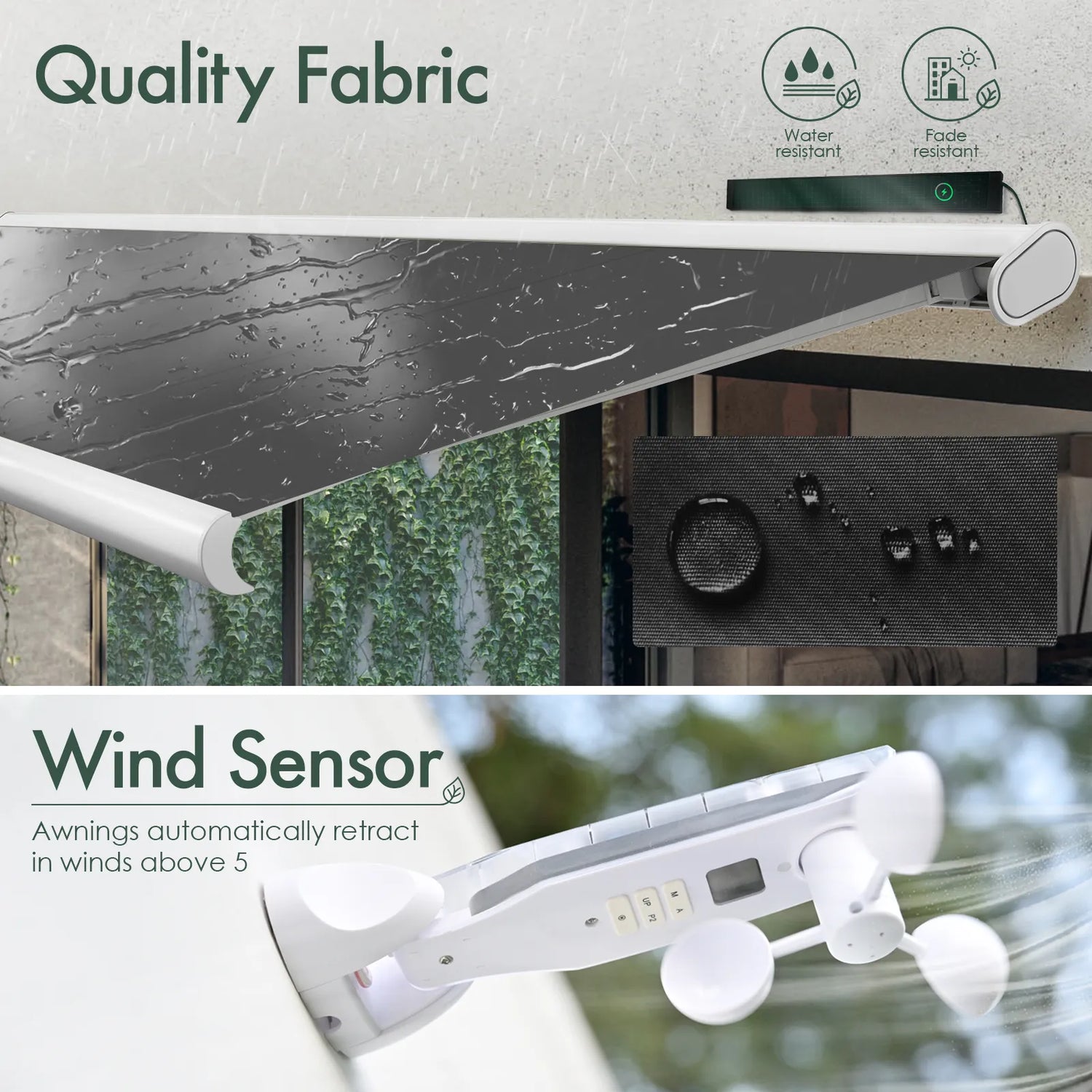 Black motorized retractable awning with high-quality, water- and fade-resistant fabric and equipped with a wind sensor for safety.