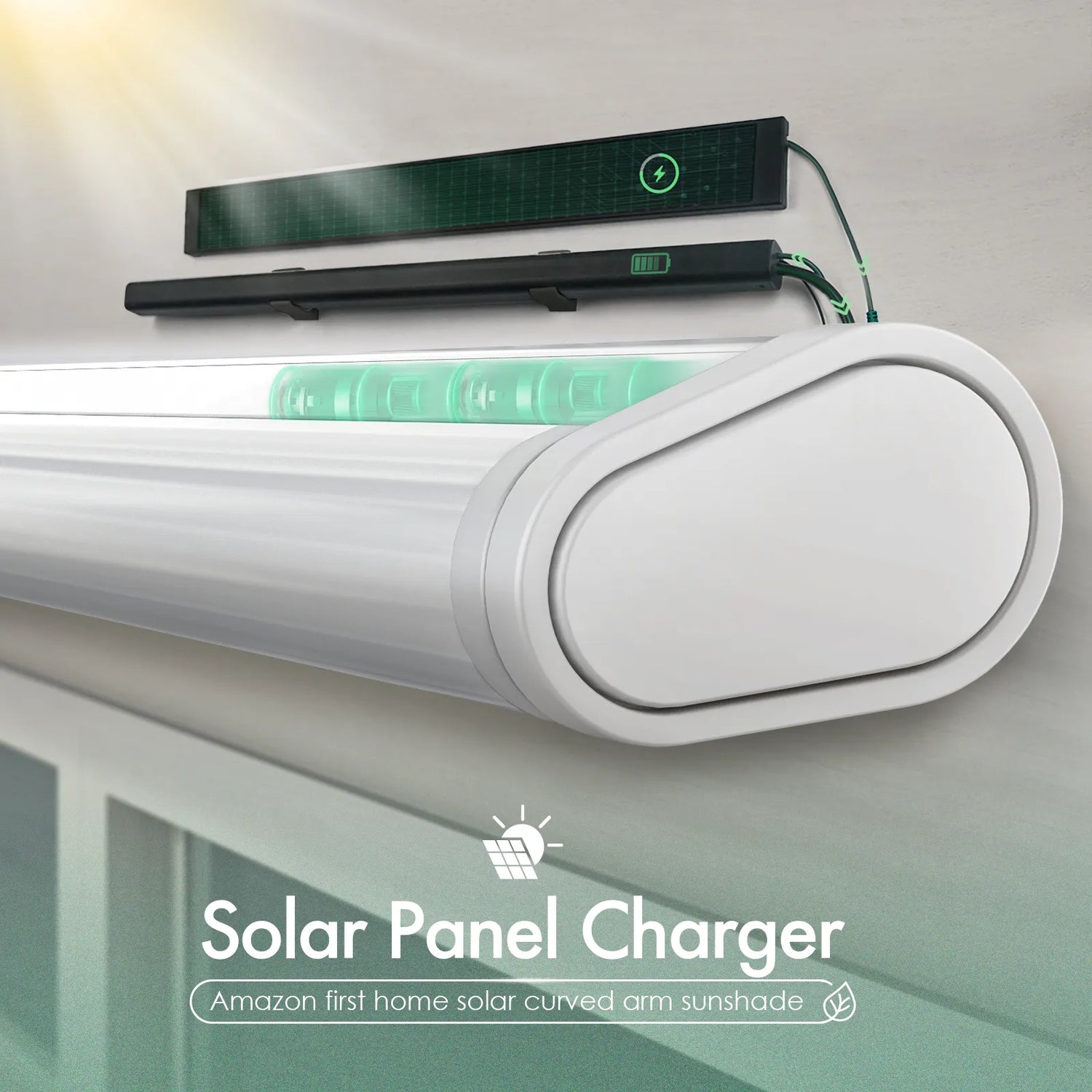 Black motorized retractable awning with solar panel charging for energy-efficient use.