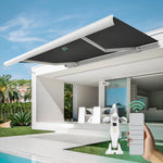Black motorized retractable awning is designed to provide shade and enhance comfort on patios, decks, and balconies.