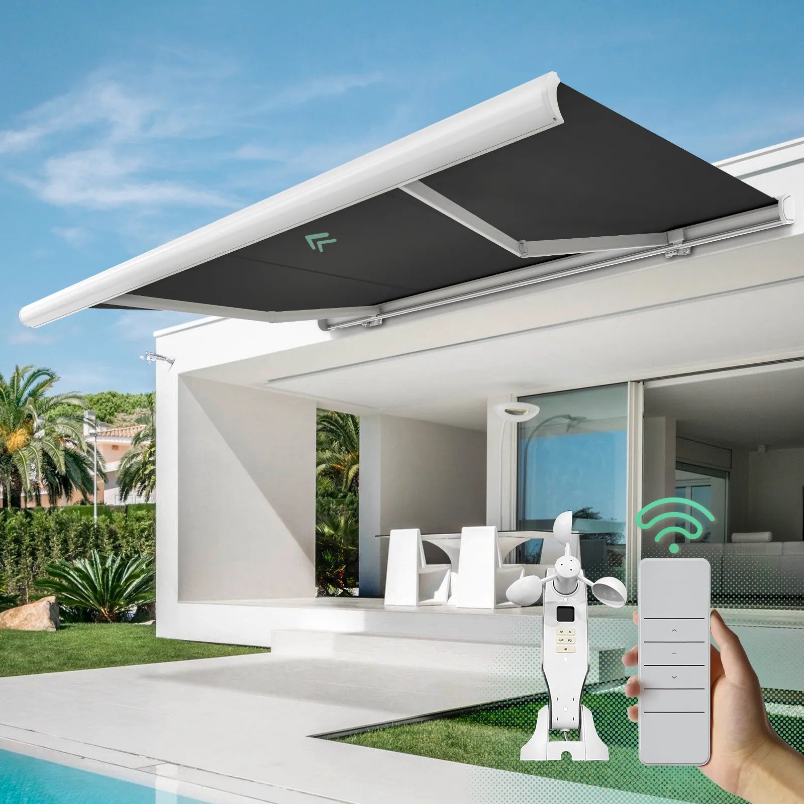 Black motorized retractable awning is designed to provide shade and enhance comfort on patios, decks, and balconies.#black