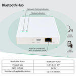 Bluetooth hub for smart shades control, requires wired network connection, measures 3.5''×3.5''×0.9'', DC 5V input, supports up to 16 RF/Bluetooth devices, ideal for smart home automation