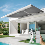 Dark gray motorized retractable awning is designed to provide shade and enhance comfort on patios, decks, and balconies.