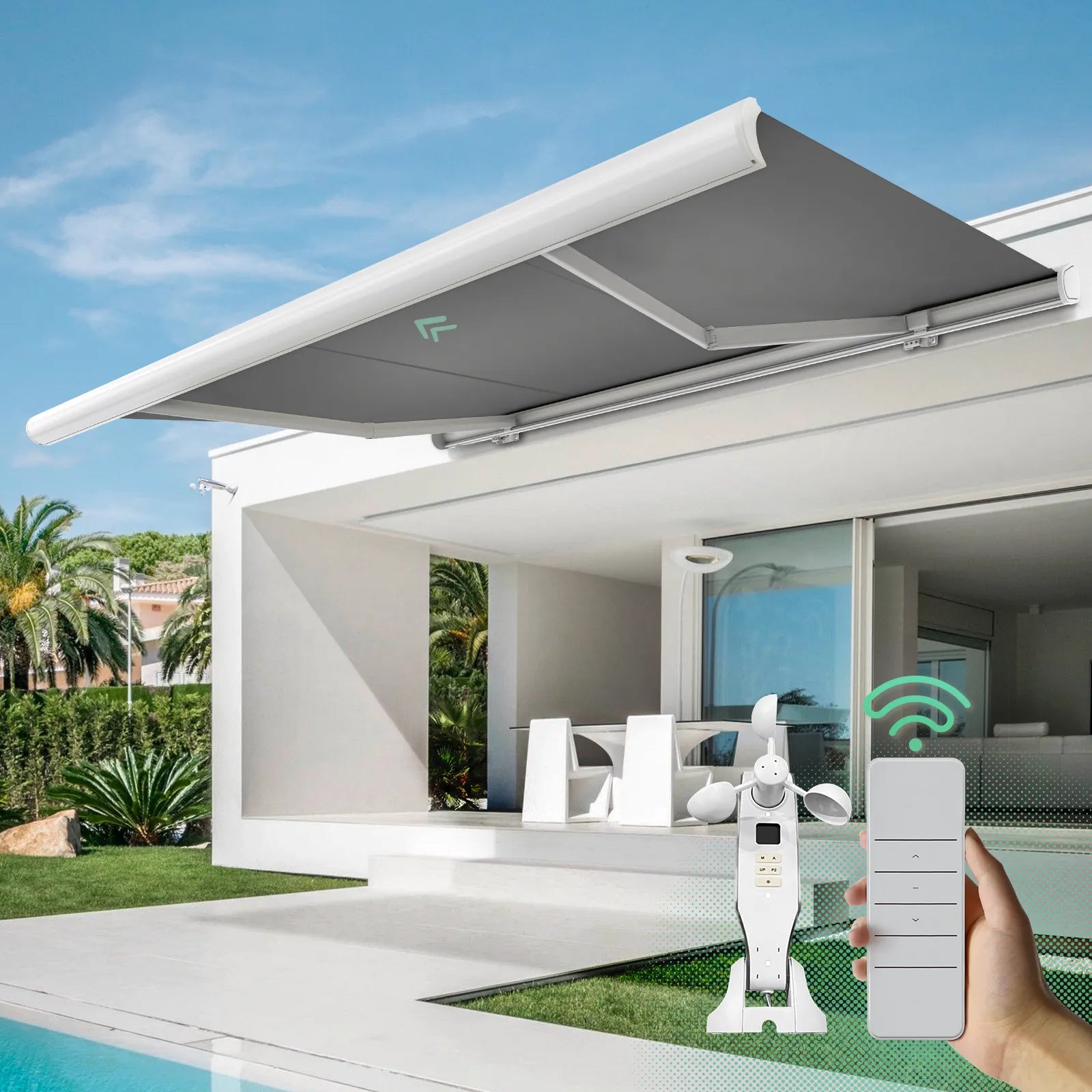 Dark gray motorized retractable awning is designed to provide shade and enhance comfort on patios, decks, and balconies.