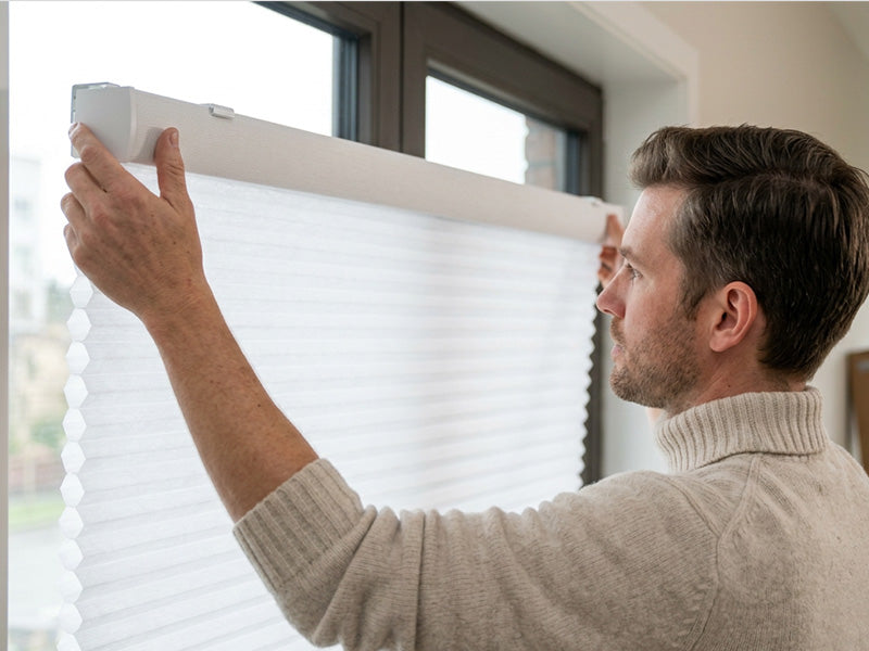 Man installing window blinds in a room with large windows.