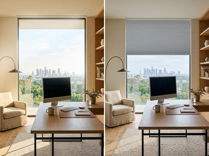 Two views of a modern office setup with a cityscape view through large windows.