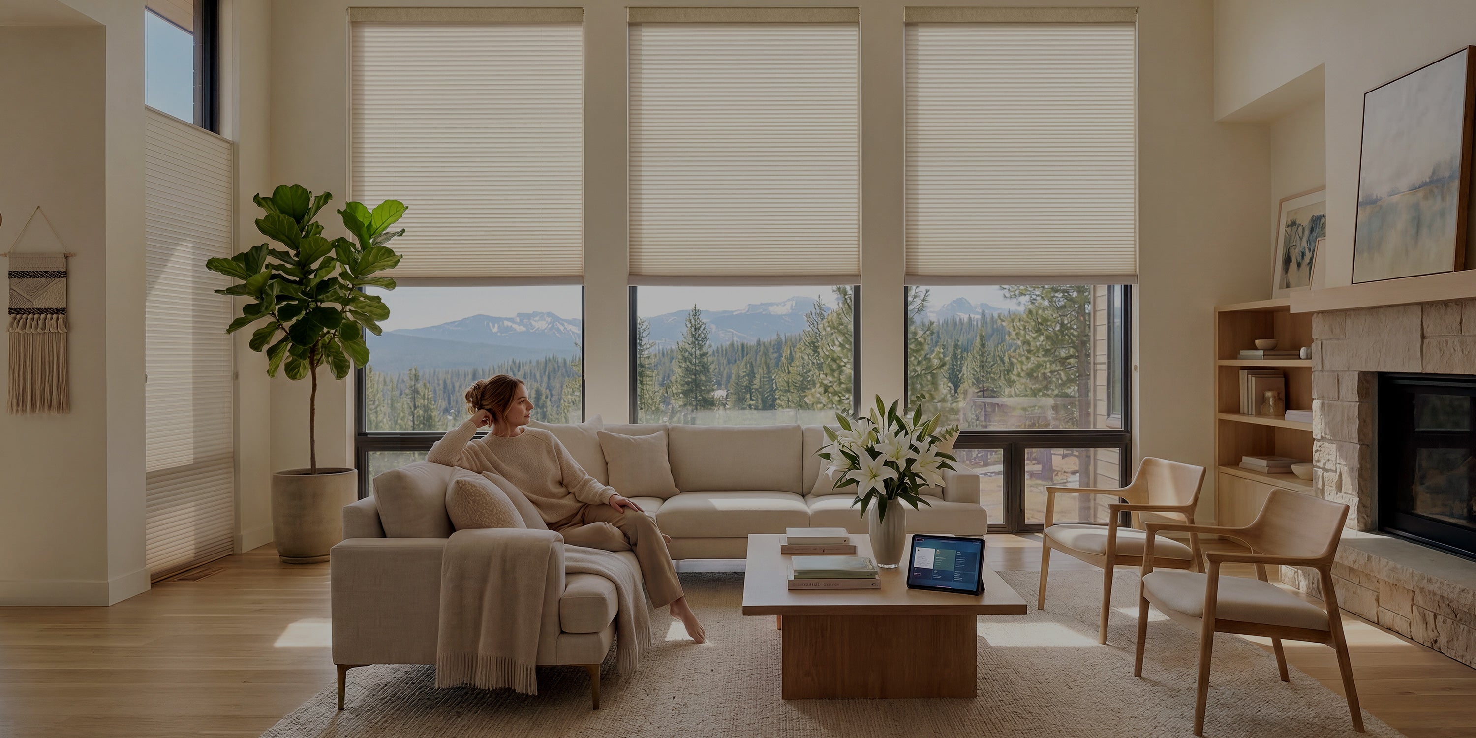 Living room with large windows, sofa, coffee table, and decorative items.