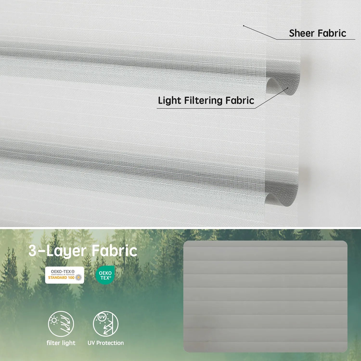 Grey 55mm 3-layer light-filtering sheer fabric, combining soft light diffusion, UV protection, and certified safe materials.