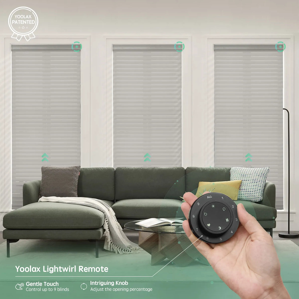 Grey 55mm horizontal sheer shades controllable via remote, supporting simultaneous control of up to 16 shades.