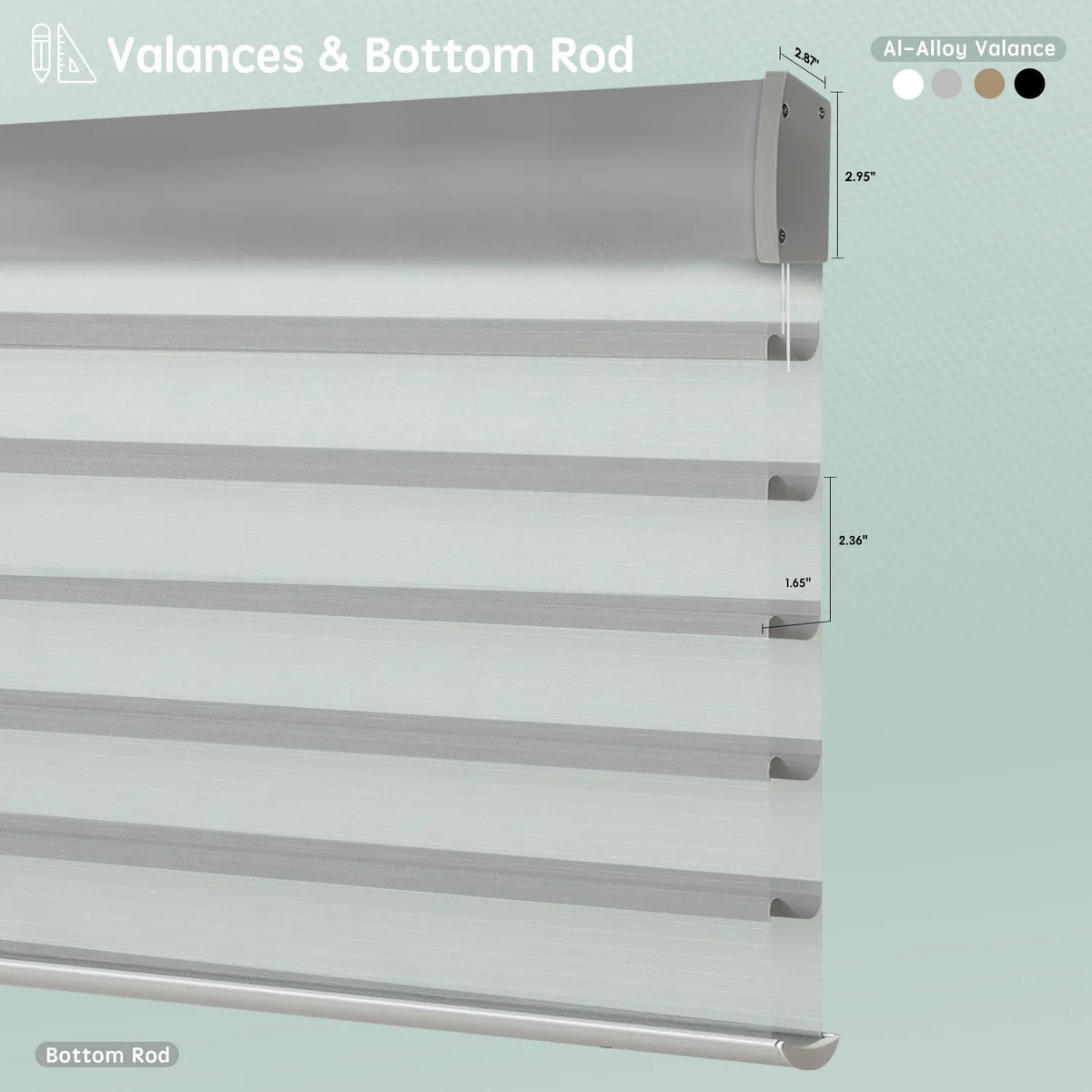 Horizontal sheer shades with aluminum valance options, featuring bottom rods for clean, structured finishs.