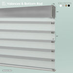 Horizontal sheer shades with aluminum valance options, featuring bottom rods for clean, structured finishs.