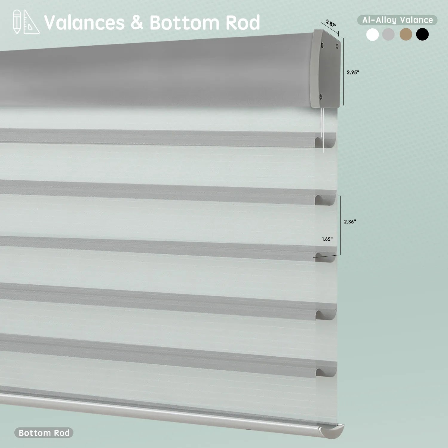 Horizontal sheer shades with aluminum valance options, featuring bottom rods for clean, structured finishs.
