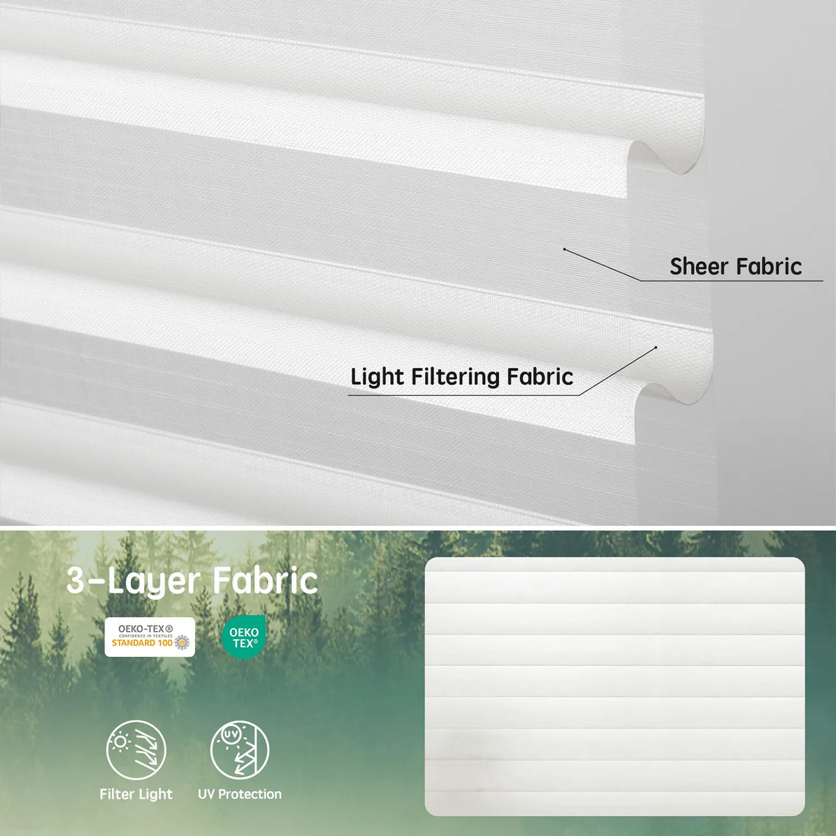 White 55mm 3-layer light-filtering sheer fabric, combining soft light diffusion, UV protection, and certified safe materials.