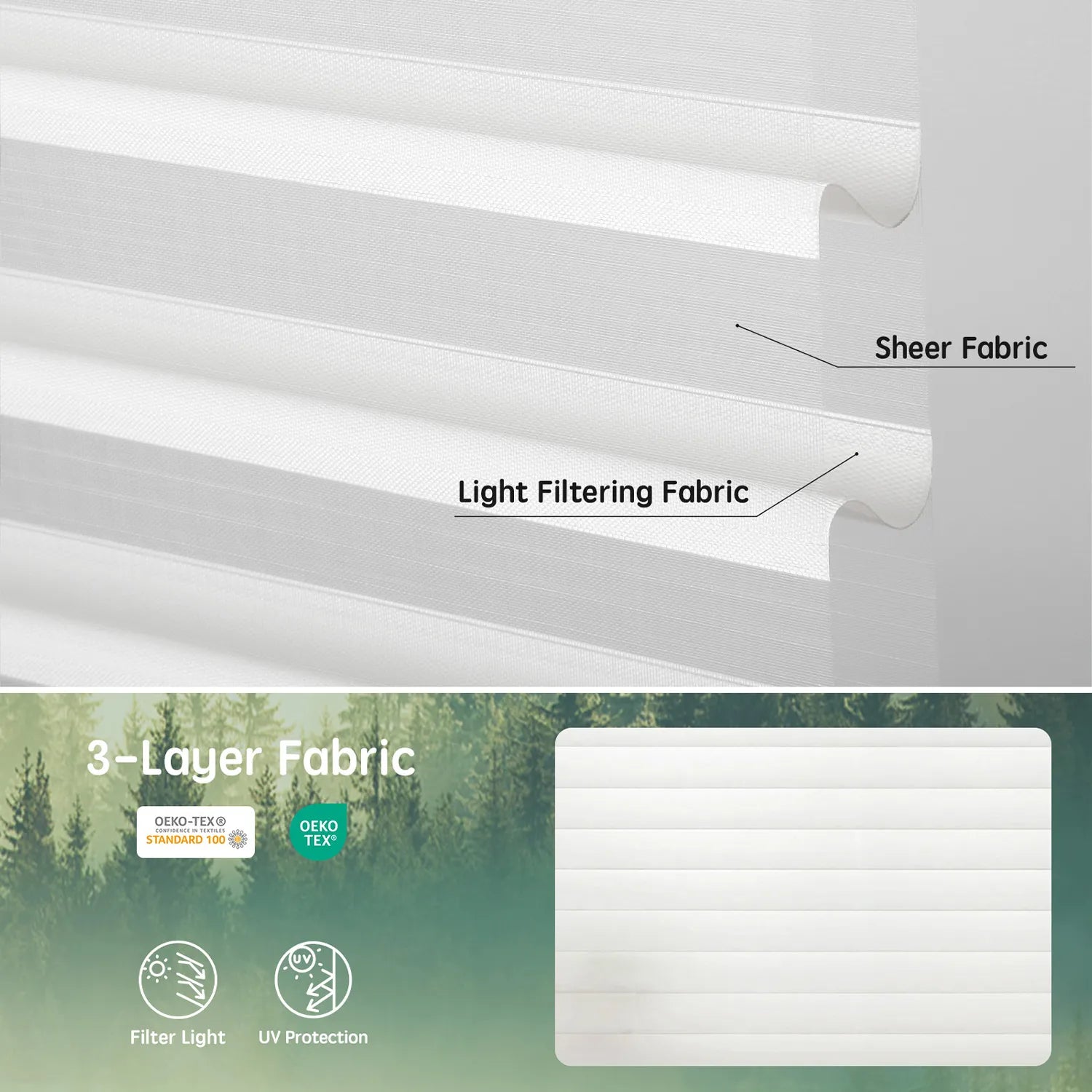 White 55mm 3-layer light-filtering sheer fabric, combining soft light diffusion, UV protection, and certified safe materials.