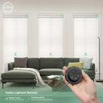 White 55mm horizontal sheer shades controllable via remote, supporting simultaneous control of up to 16 shades.