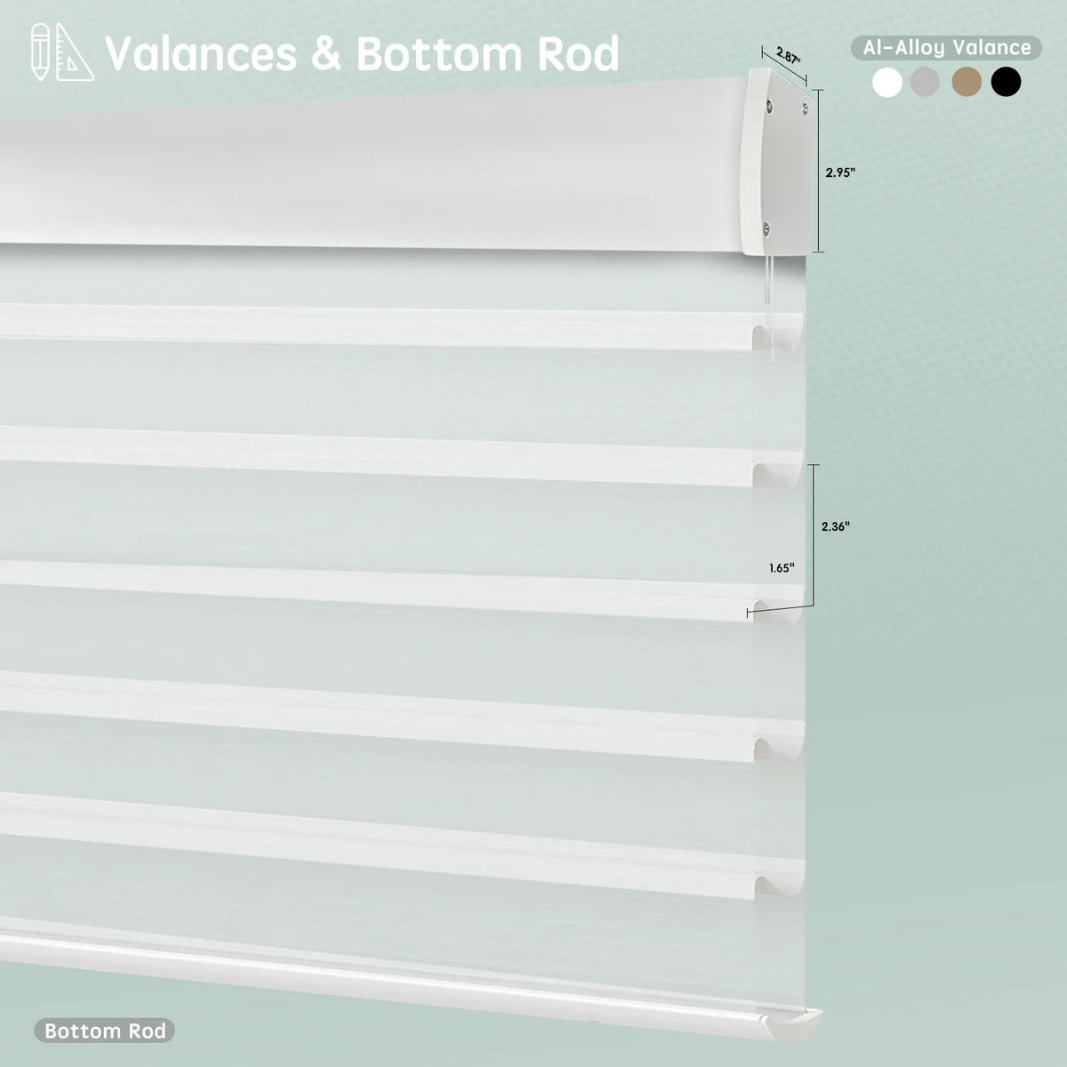 Horizontal sheer shades with white fabric-wrapped and aluminum valance options, featuring bottom rods for clean, structured finishs.