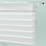 Horizontal sheer shades with white fabric-wrapped and aluminum valance options, featuring bottom rods for clean, structured finishs.