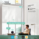White 55mm horizontal sheer shades with voice control, seamlessly working with Alexa, Google Home, and HomeKit and more.