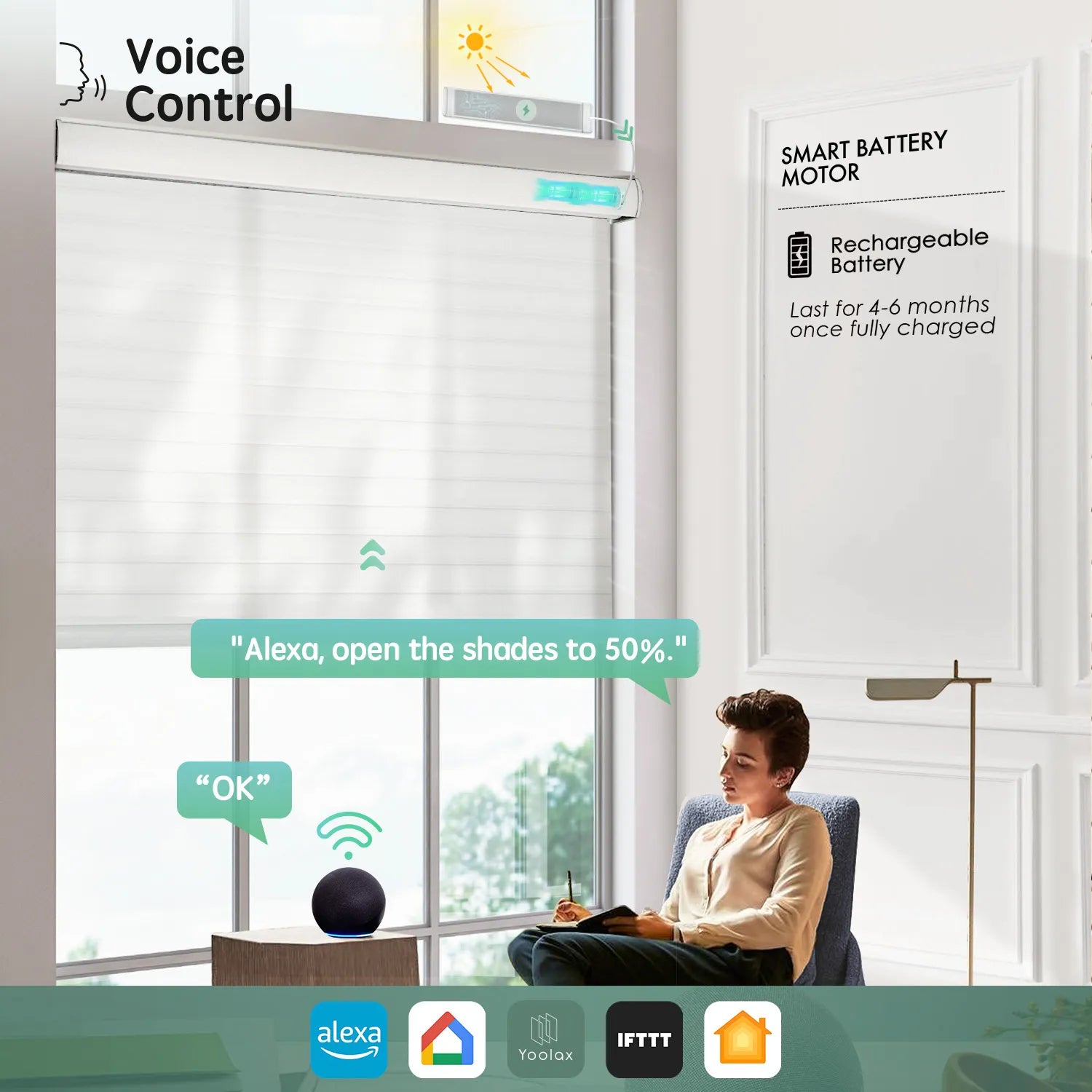 White 55mm horizontal sheer shades with voice control, seamlessly working with Alexa, Google Home, and HomeKit and more.
