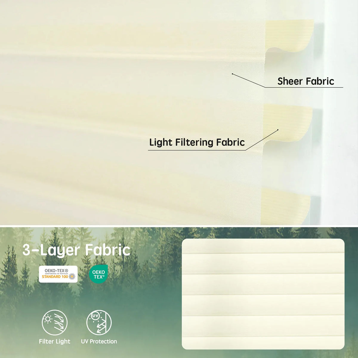 Light beige 75mm 3-layer light-filtering sheer fabric, offering soft light, UV protection, and certified safety.