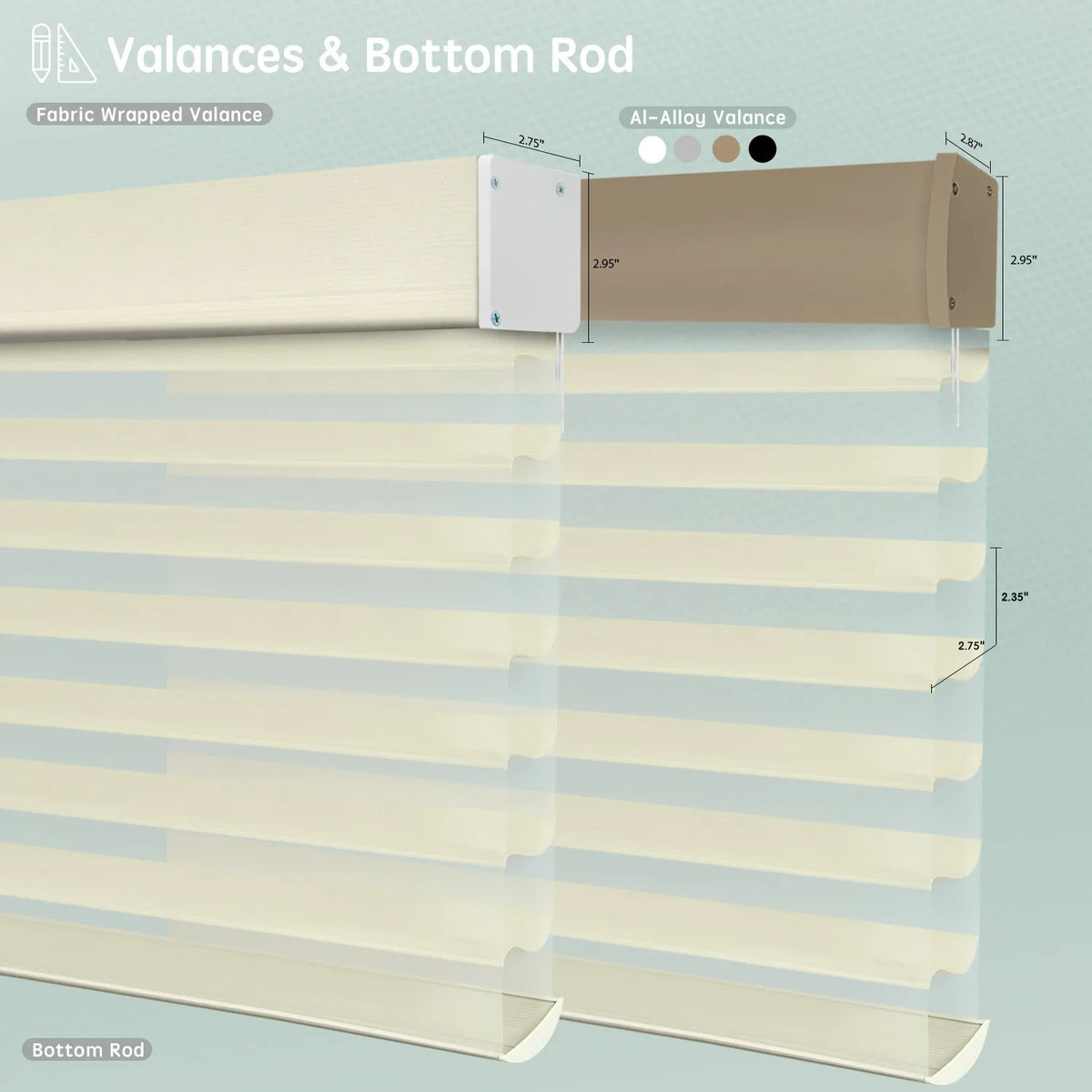 Horizontal sheer shades with light beige fabric-wrapped or aluminum valance options, featuring bottom rods for a clean, structured finish.