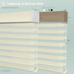 Horizontal sheer shades with light beige fabric-wrapped or aluminum valance options, featuring bottom rods for a clean, structured finish.