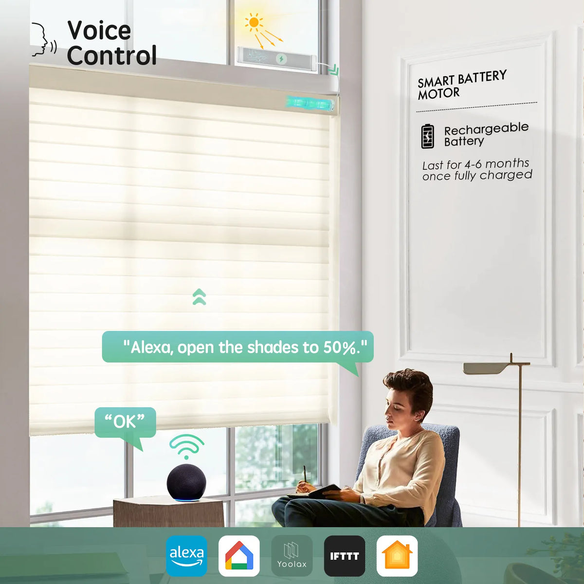 Light beige 75mm sheer shades with voice control, compatible with Alexa, Google Home, Apple HomeKit, and more.