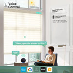 Light beige 75mm sheer shades with voice control, compatible with Alexa, Google Home, Apple HomeKit, and more.