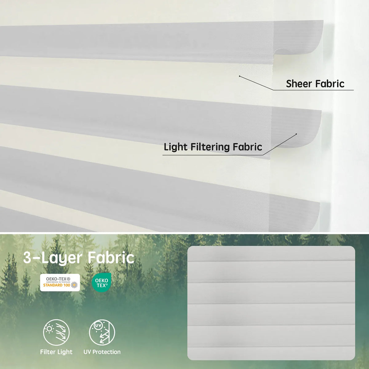 Light gray 75mm 3-layer light-filtering sheer fabric, offering soft light, UV protection, and certified safety.