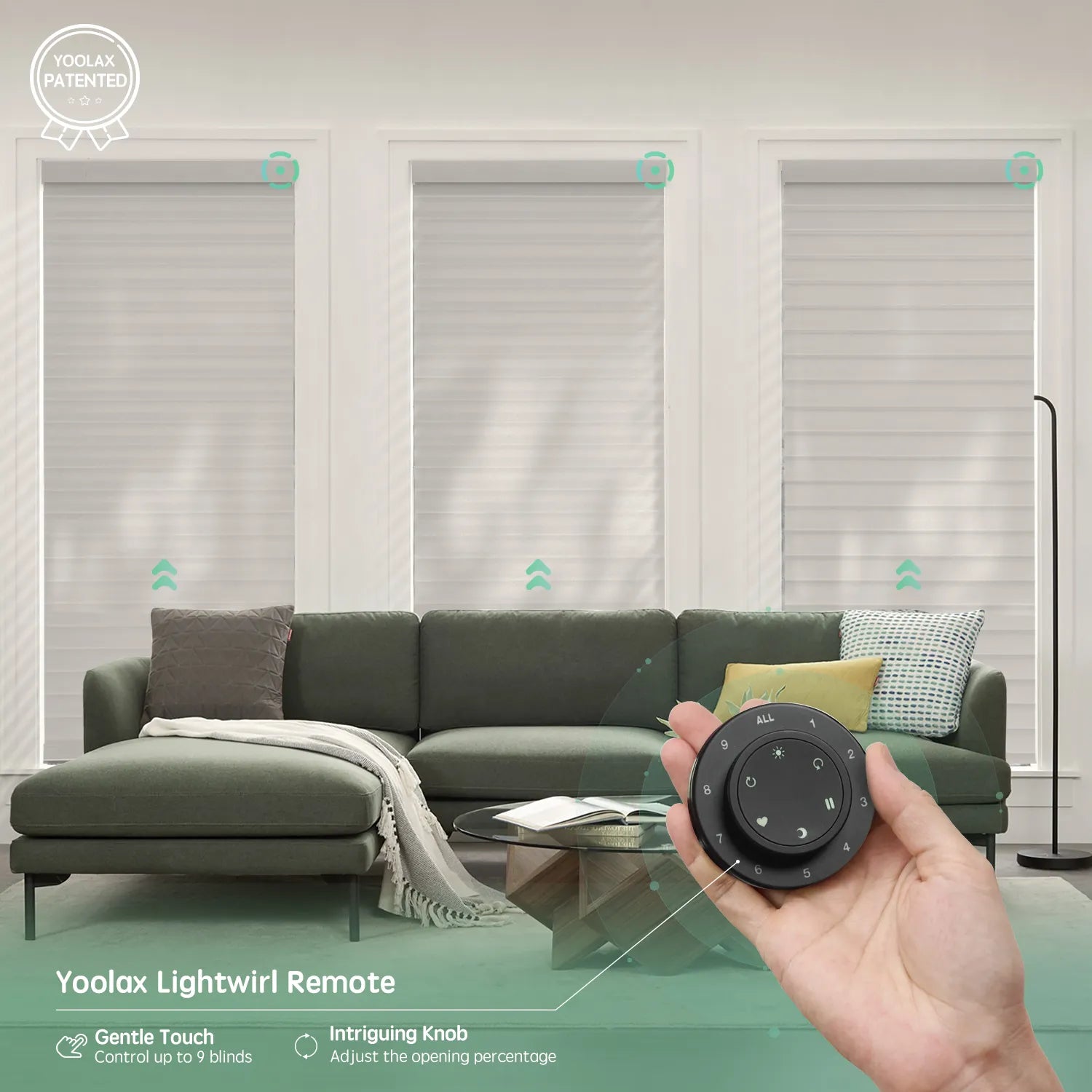 Light gray 75mm sheer shades with remote control, supporting up to 16 shades simultaneously.