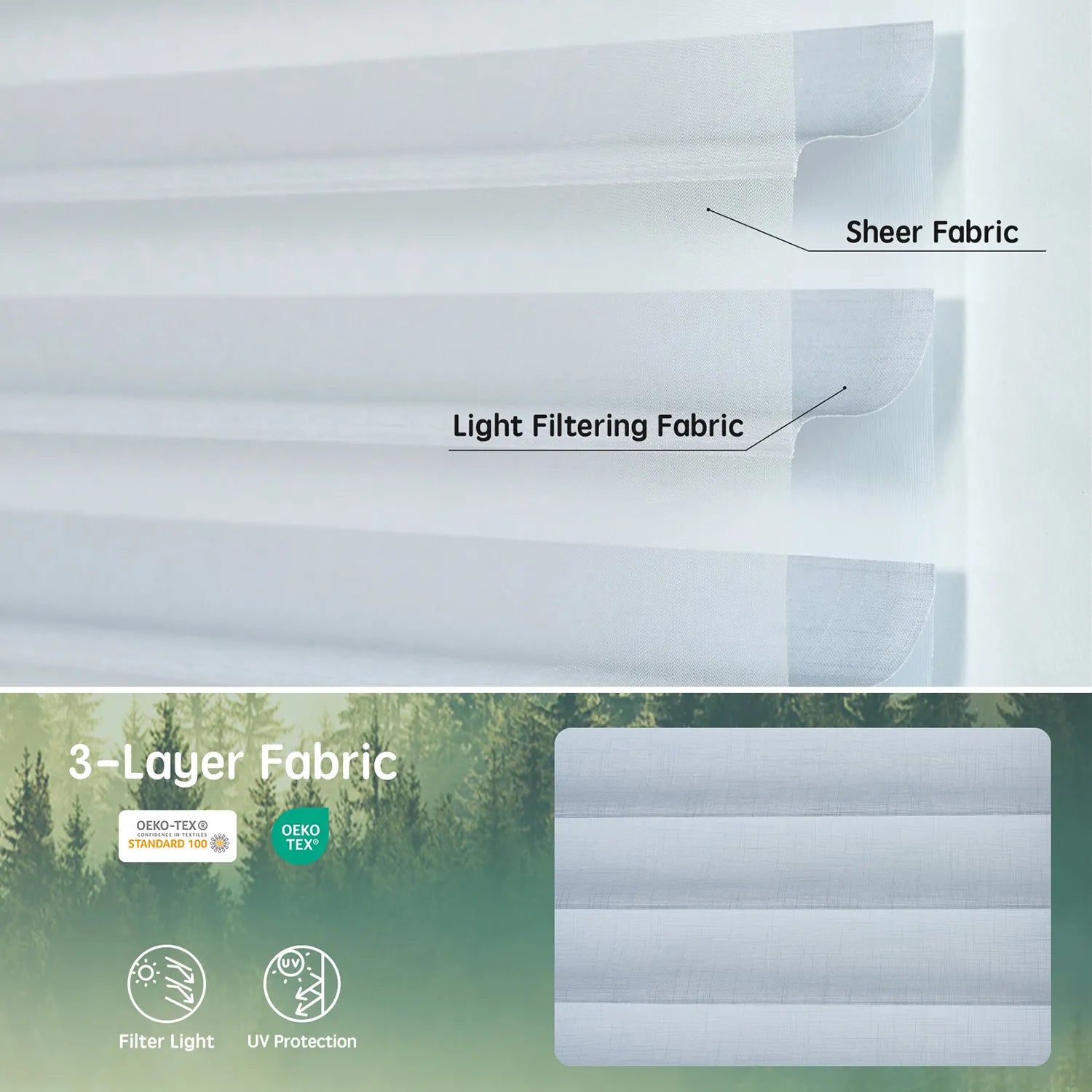  Starlight silver 75mm 3-layer light-filtering sheer fabric, offering soft light, UV protection, and certified safety.