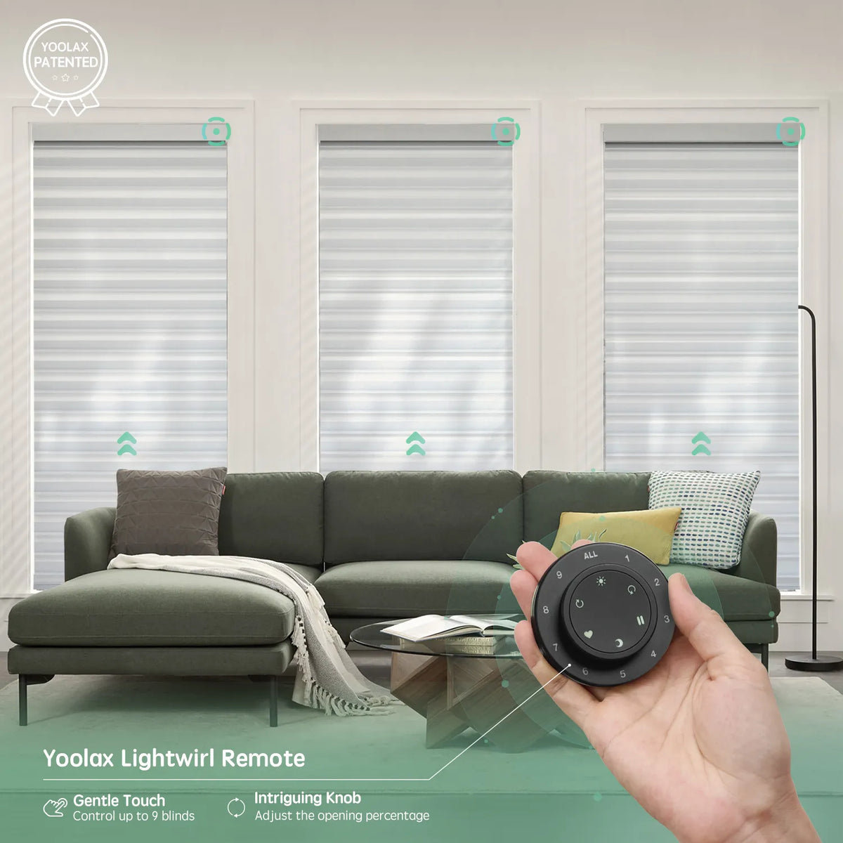 Starlight silver 75mm sheer shades with remote control, supporting up to 16 shades simultaneously.