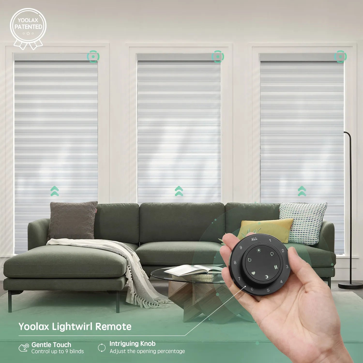 Starlight silver 75mm sheer shades with remote control, supporting up to 16 shades simultaneously.