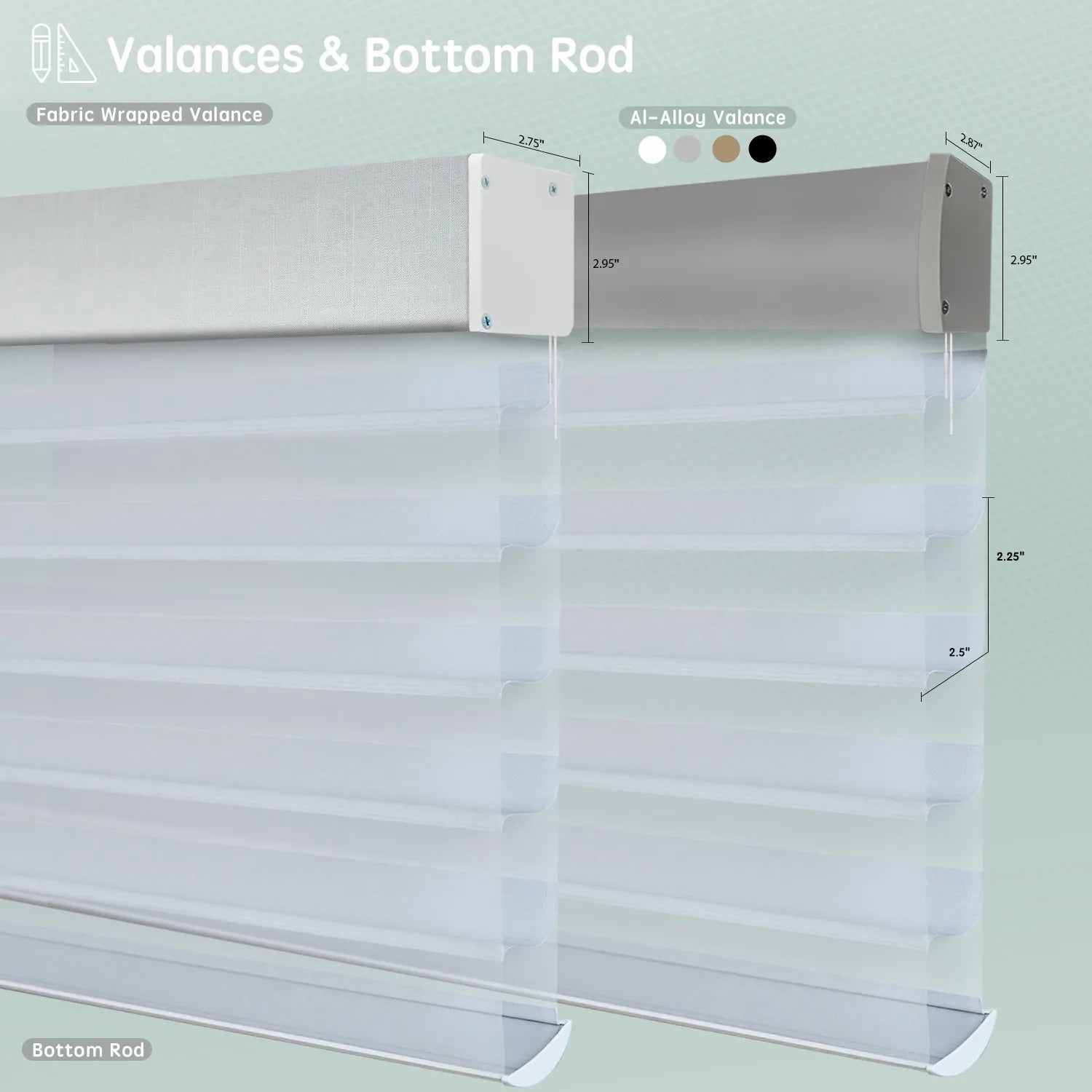 Horizontal sheer shades with starlight silver fabric-wrapped or aluminum valance options, featuring bottom rods for a clean, structured finish.