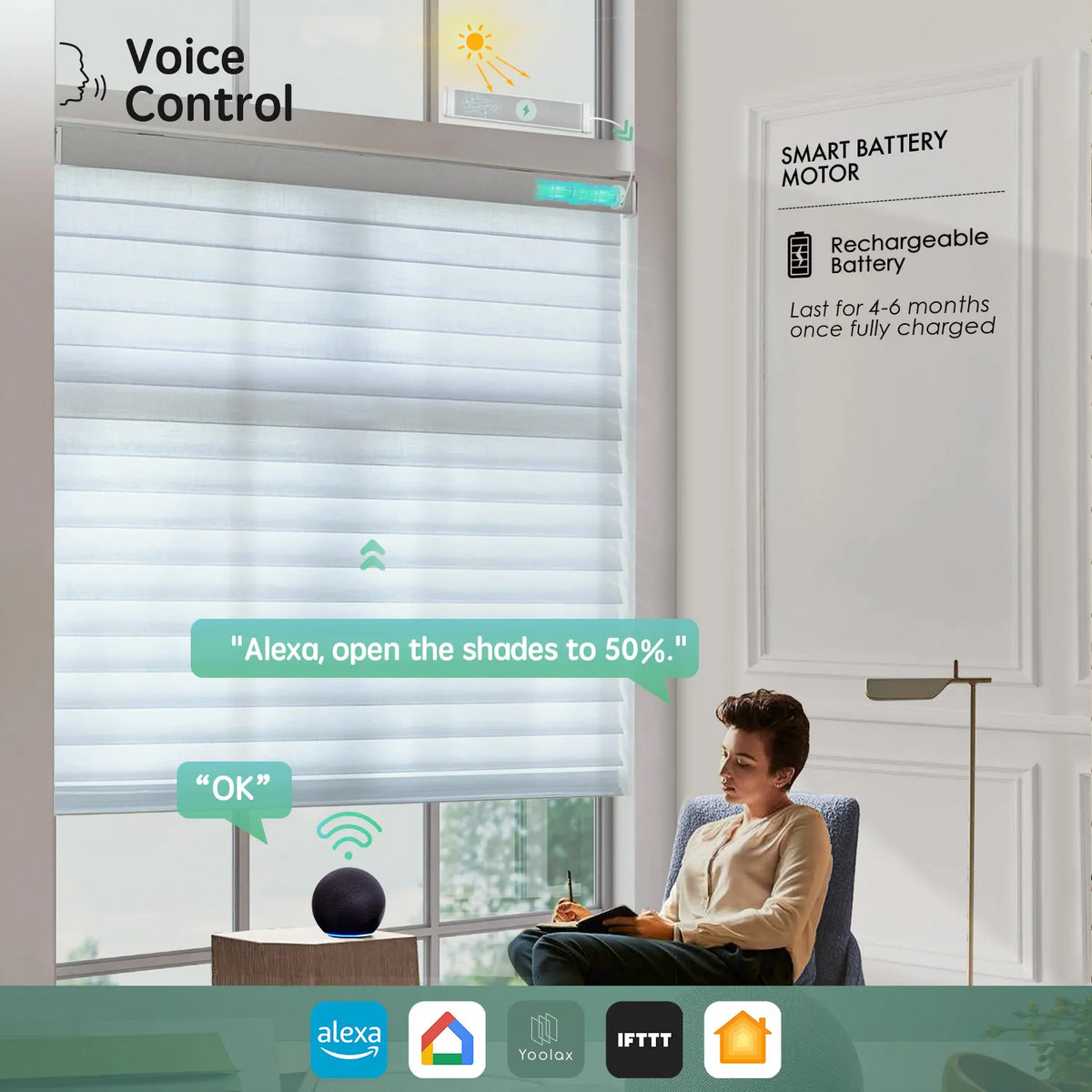 Starlight silver 75mm sheer shades with voice control, compatible with Alexa, Google Home, Apple HomeKit, and more.